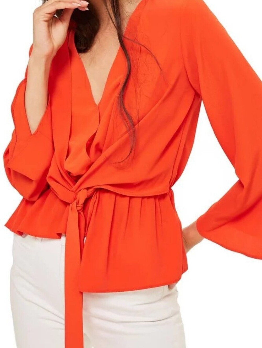 Topshop Bright Orange Long Sleeve Tie Front Peplum Top V-Neck Size 8